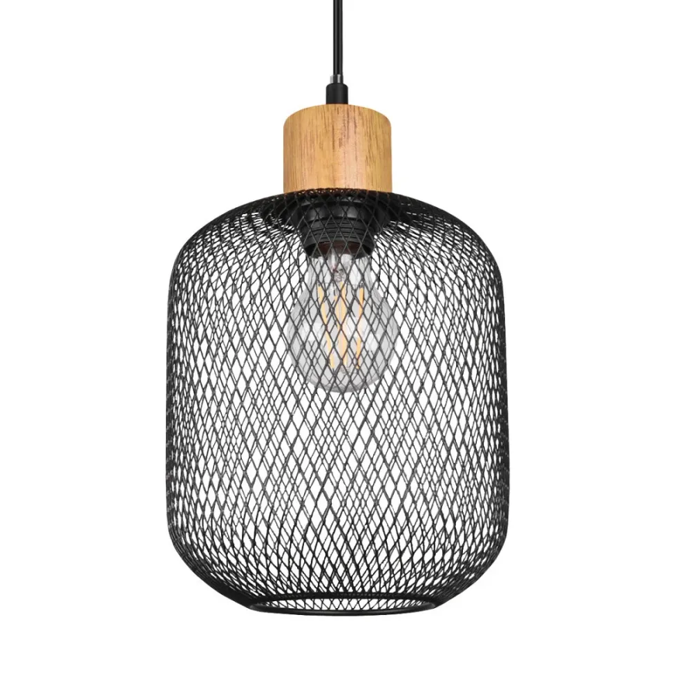 Lampadario Calimero Ø18 cm Stile Vintage Legno e Metallo Nero con Attacco E27