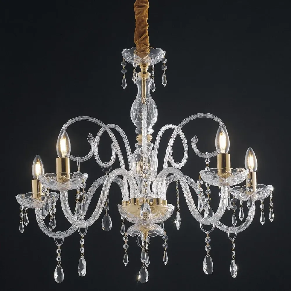 Lampadario classico chic barocco 5 luci vetro e cristalli con finiture oro