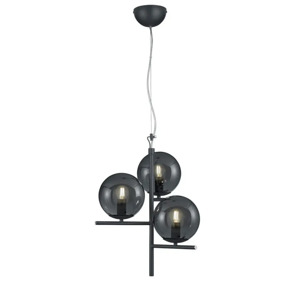 Lampadario Pure 3 Luci Metallo Antracite e Vetro Fumè Stile Contemporaneo Ø40 cm