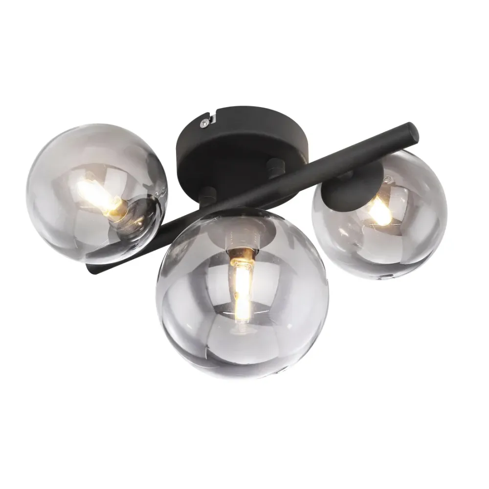 Plafoniera LED Riha 3 Luci Metallo Nero con Sfere Vetro Fumè, Lampadine LED Incluse