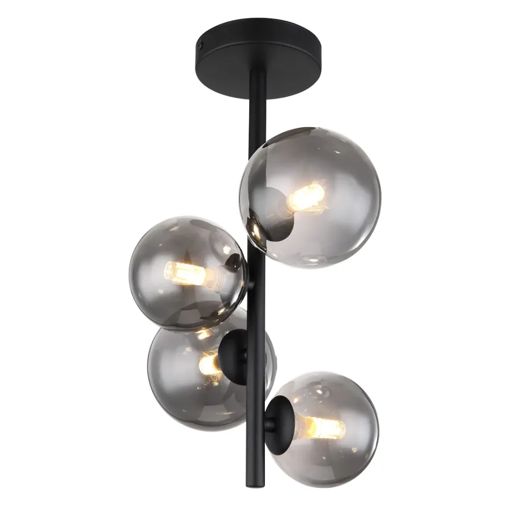 Plafoniera Riha 4 Luci Metallo Nero con Sfere Vetro Fumè con Lampadine LED Incluse