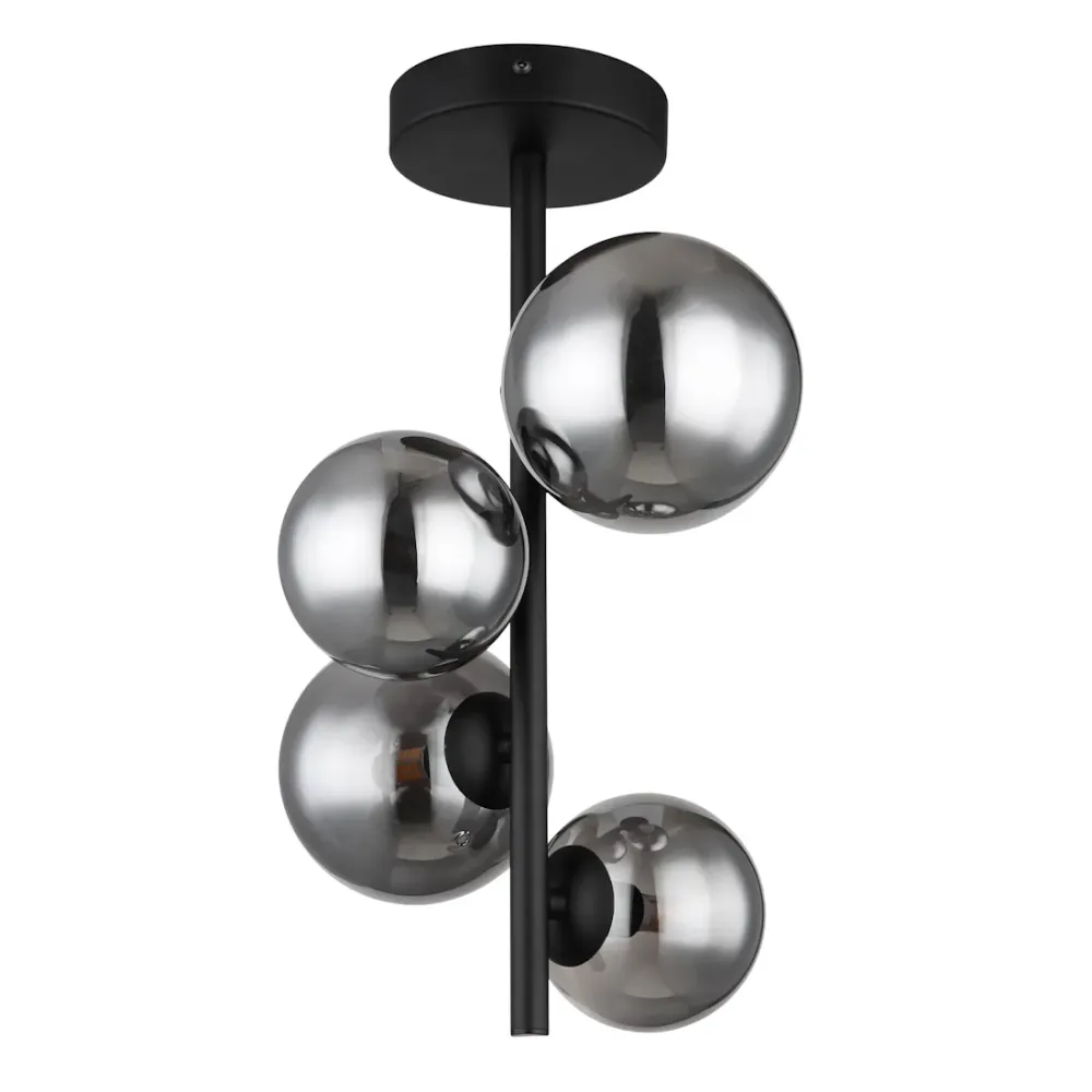 Plafoniera Riha 4 Luci Metallo Nero con Sfere Vetro Fumè con Lampadine LED Incluse