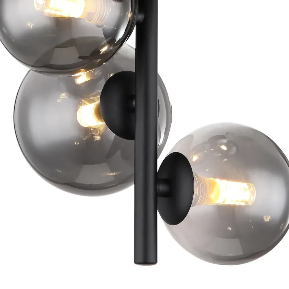 Plafoniera Riha 4 Luci Metallo Nero con Sfere Vetro Fumè con Lampadine LED Incluse