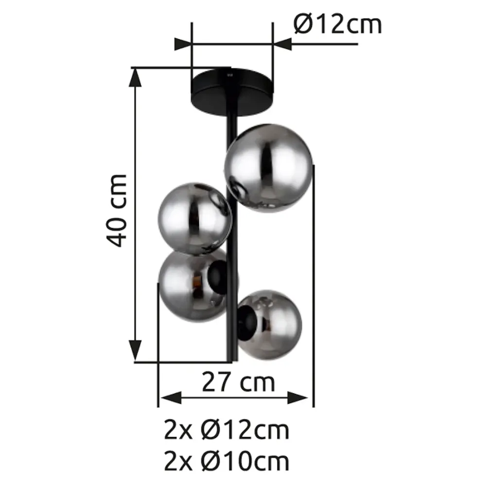 Plafoniera Riha 4 Luci Metallo Nero con Sfere Vetro Fumè con Lampadine LED Incluse