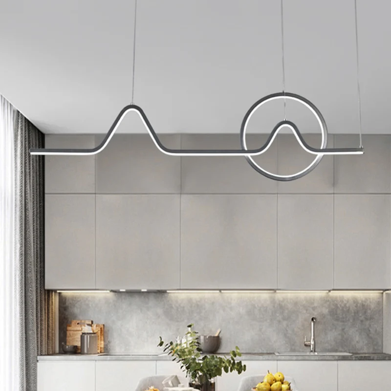 Illuminazione artistica sospensione con paesaggi montani alba, sala da pranzo metallo, lampada lineare LED per isola