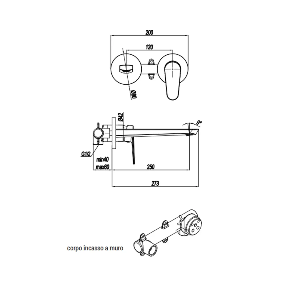 Macinacaffè Elettrico Miscelatore monocomando lavabo murale RubiFlux serie Ampra canna 25 cm - Cromo