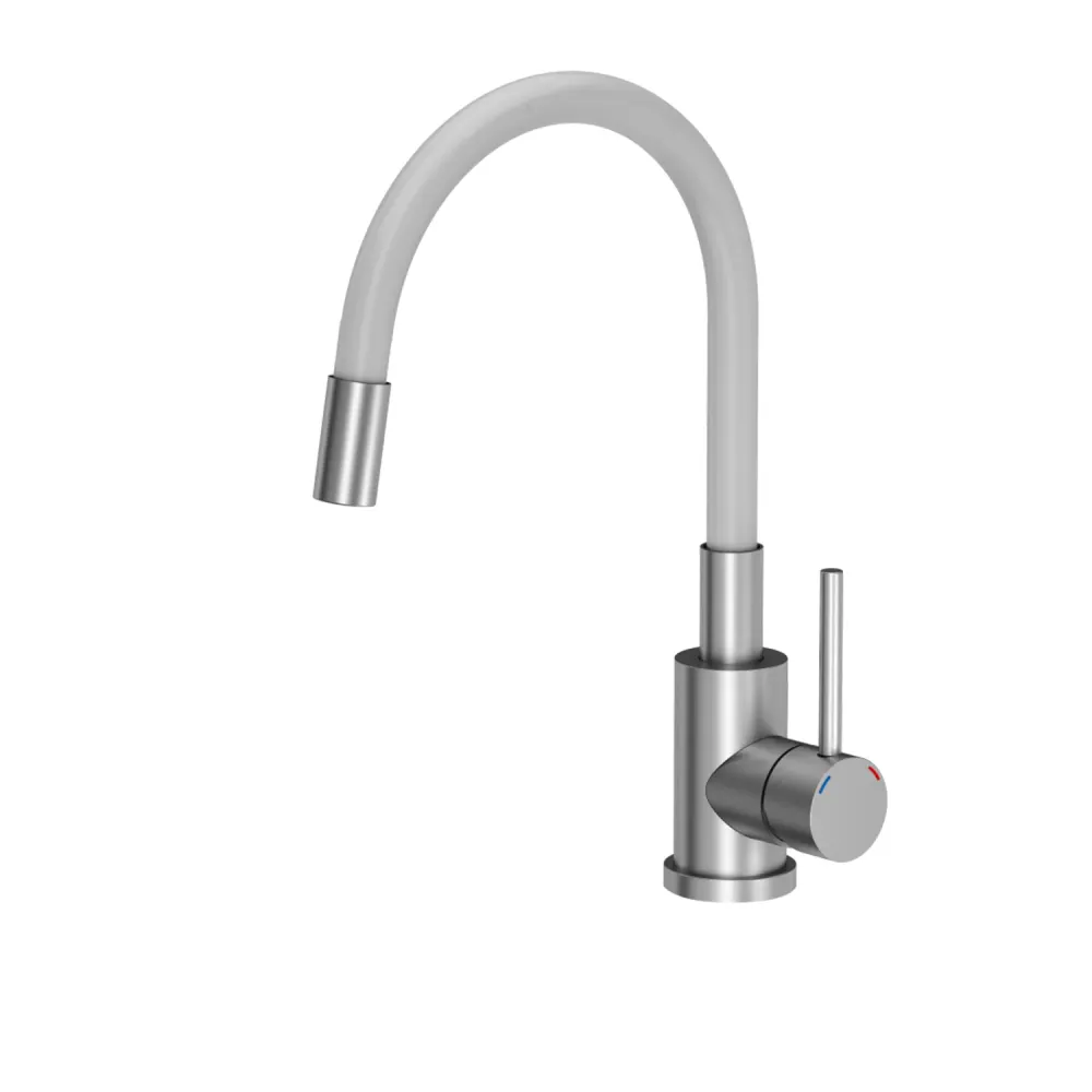 Miscelatore monocomando cucina Acciaio Inox con canna flessibile bianca - Spazzolato | 15 Bar | Riscaldamento Rapido