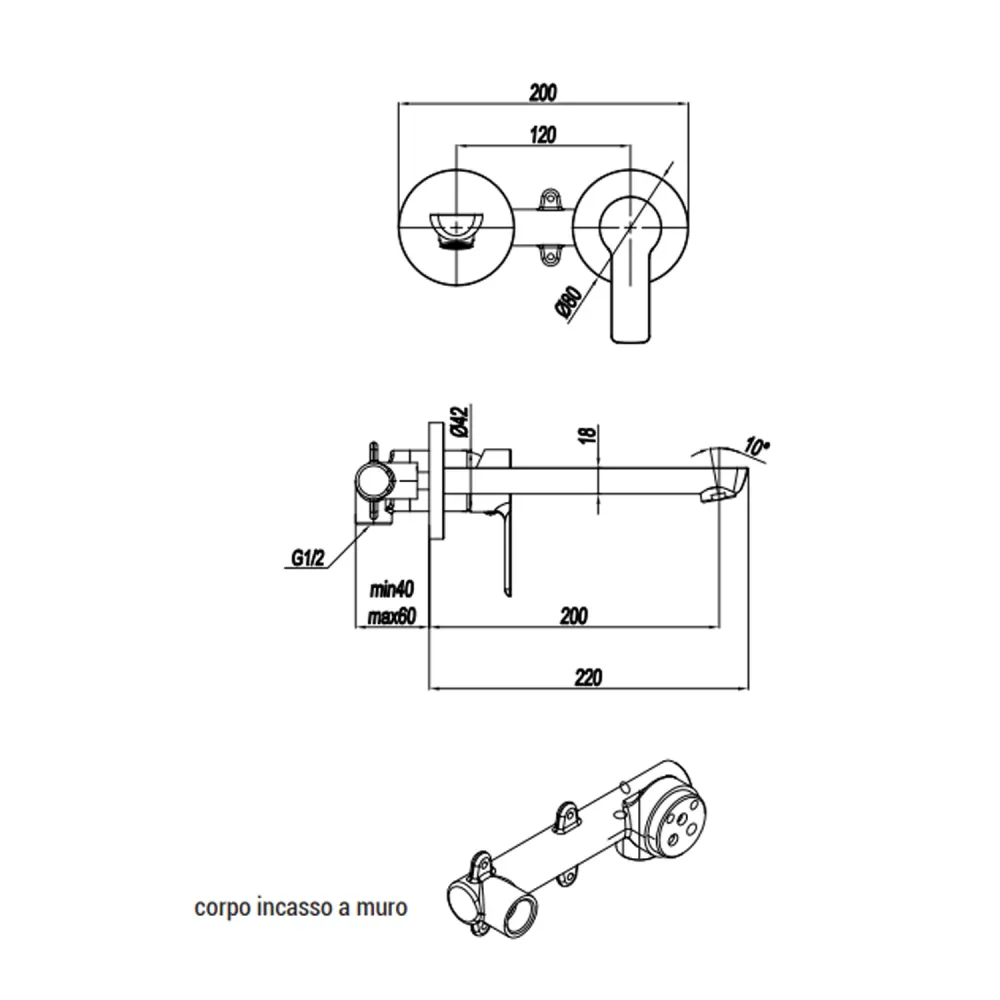 Miscelatore monocomando lavabo murale RubiFlux serie Zea canna 20 cm - Cromo con Filtro Permanente