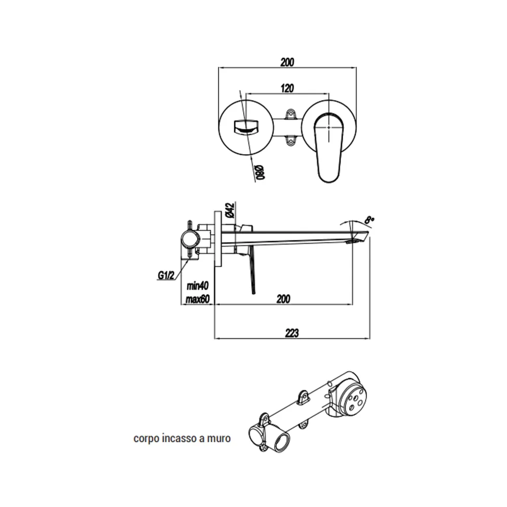 Miscelatore monocomando lavabo murale RubiFlux serie Ampra canna 20 cm - Cromo | 15 Bar | Riscaldamento Rapido