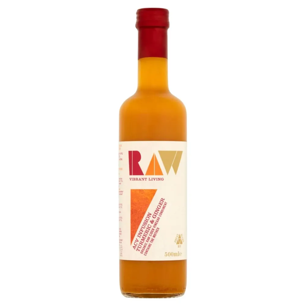 Aceto di sidro di mele biologico Raw Vibrant Living con curcuma e zenzero 500 ml