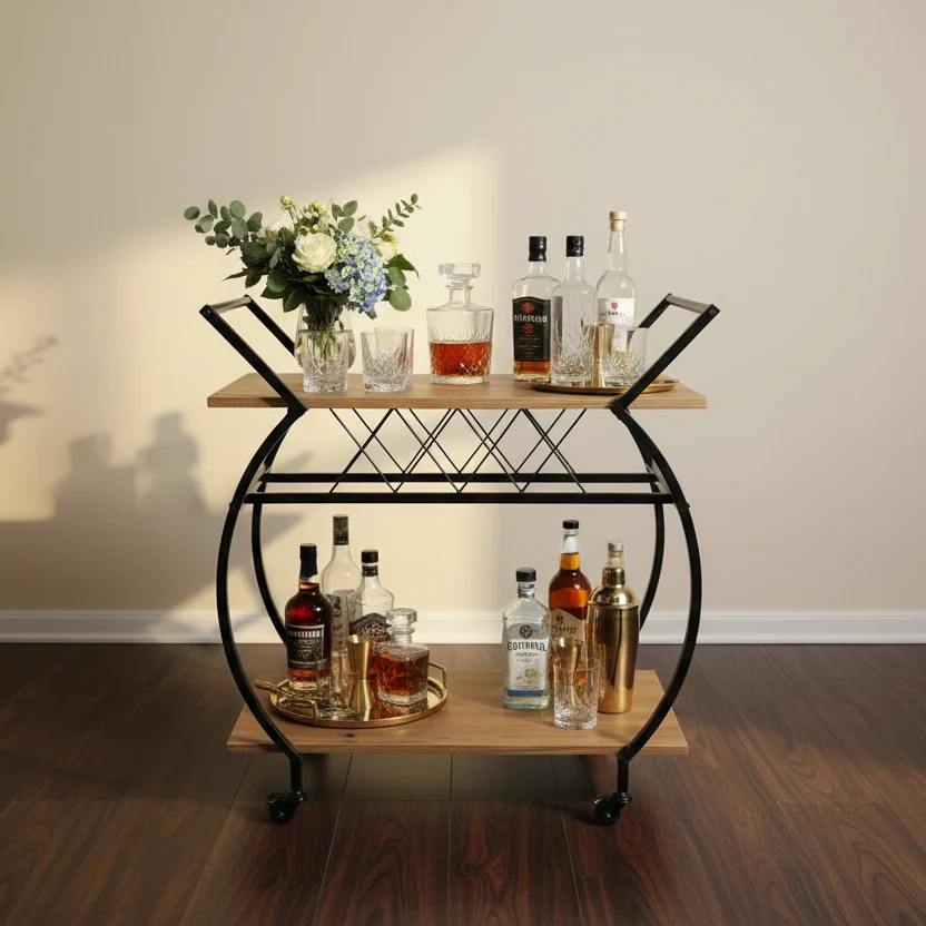 Carrello bar con portabottiglie – 2 ripiani, legno & metallo, con ruote – finitura rovere rustico – KING®