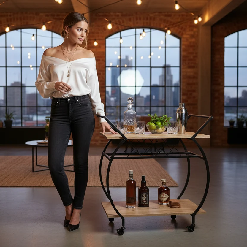 Carrello bar con portabottiglie – 2 ripiani, legno & metallo, con ruote – finitura rovere rustico – KING®