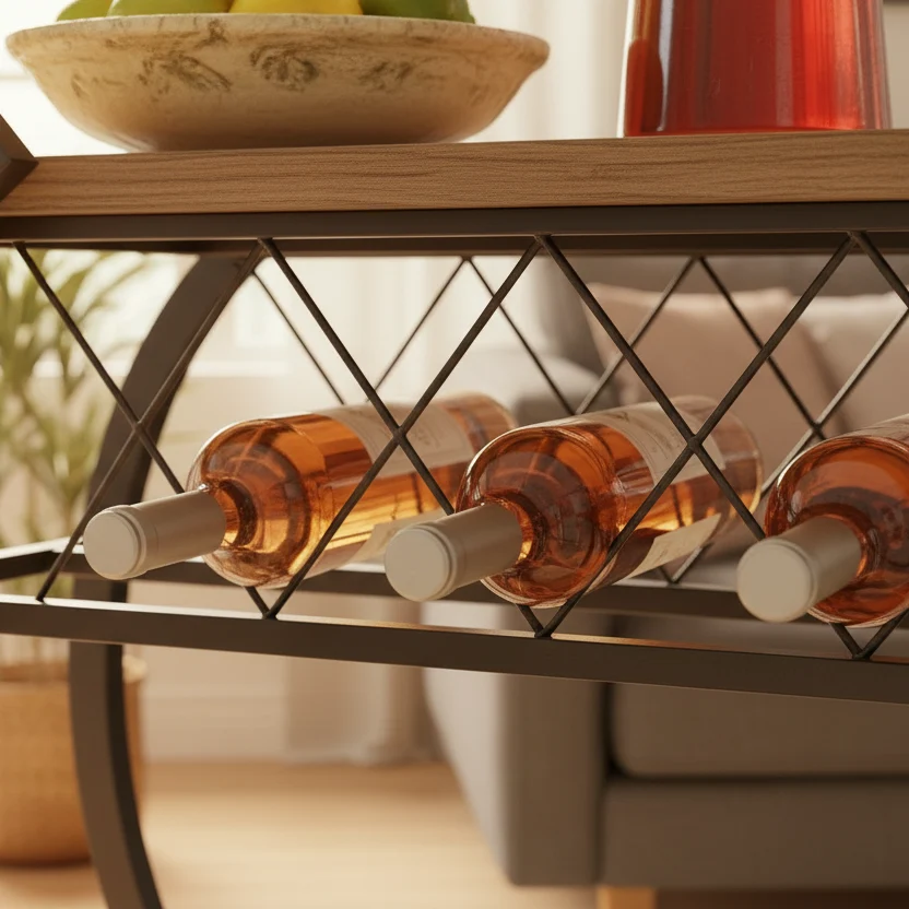Carrello bar con portabottiglie – 2 ripiani, legno & metallo, con ruote – finitura rovere rustico – KING®