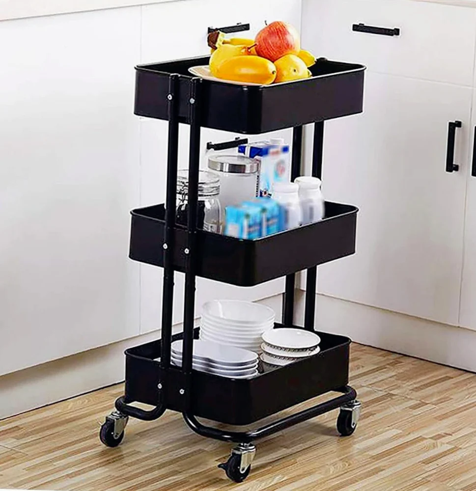 Carrello 3 cestelli metallo con ruote – multiuso salva spazio