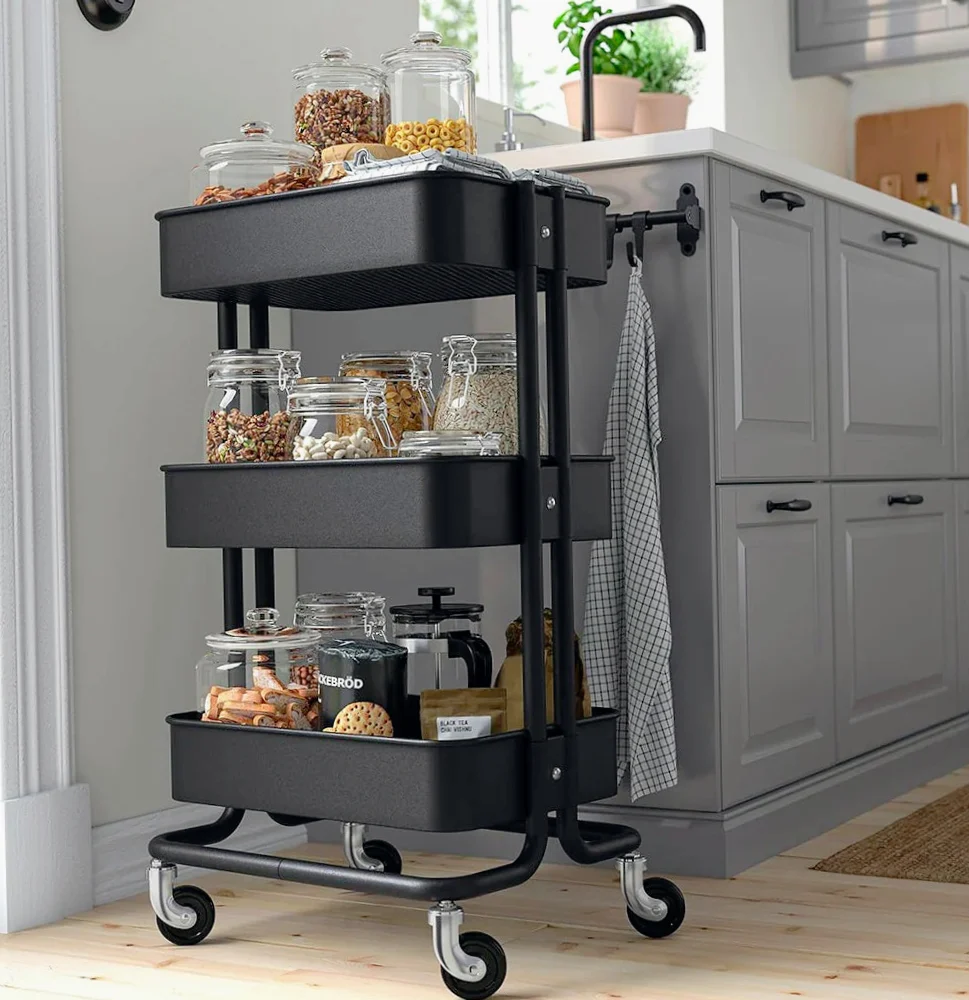 Carrello 3 cestelli metallo con ruote – multiuso salva spazio