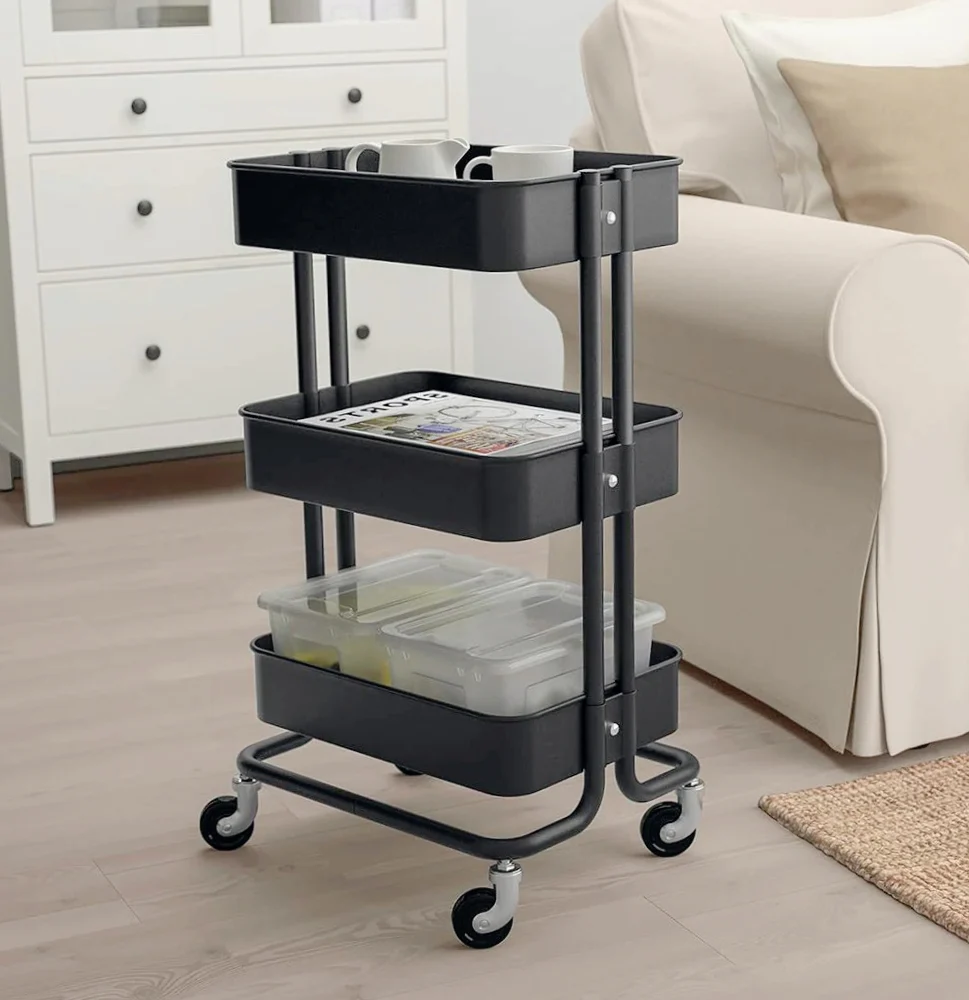 Carrello 3 cestelli metallo con ruote – multiuso salva spazio