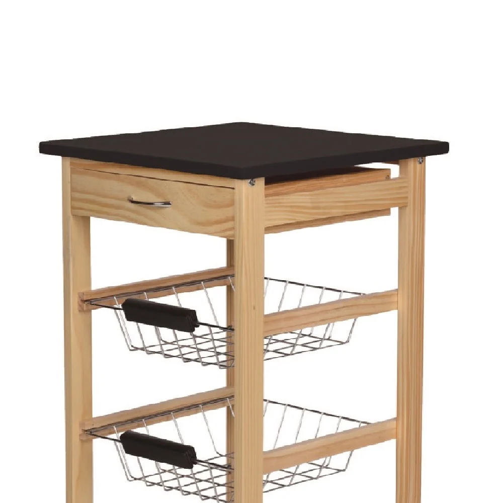 Carrello Cucina Legno 3 Cestelli Acciaio Top Nero 1 Cassetto Salvaspazio Noce Naturale