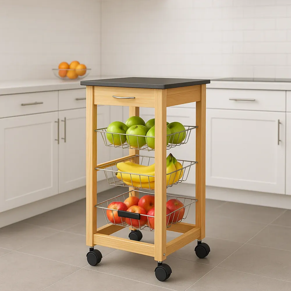 Carrello Cucina Legno 3 Cestelli Acciaio Top Nero 1 Cassetto Salvaspazio Noce Naturale
