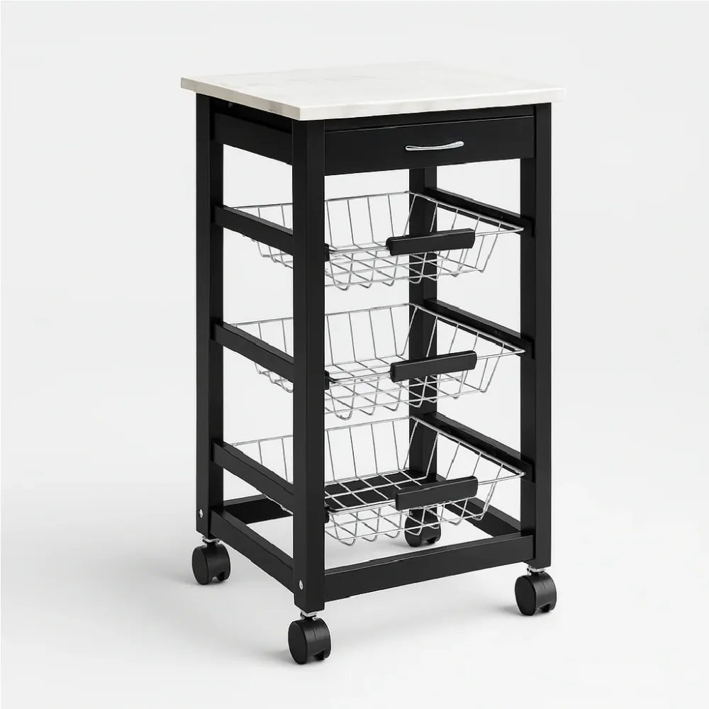 Carrello Cucina Legno 3 Cestelli Acciaio Top Effetto Marmo 1 Cassetto Salvaspazio