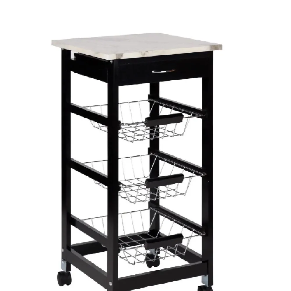 Carrello Cucina Legno 3 Cestelli Acciaio Top Effetto Marmo 1 Cassetto Salvaspazio