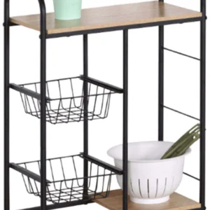 Carrello Cucina Legno e Metallo 4 Ripiani Cesti e Mensole Design Industriale Ner