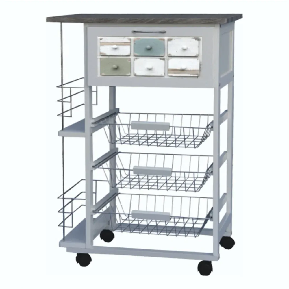 Carrello Cucina Porta Frutta Porta Bottiglie Portapane 3 cesti 57x37H83cm Legno