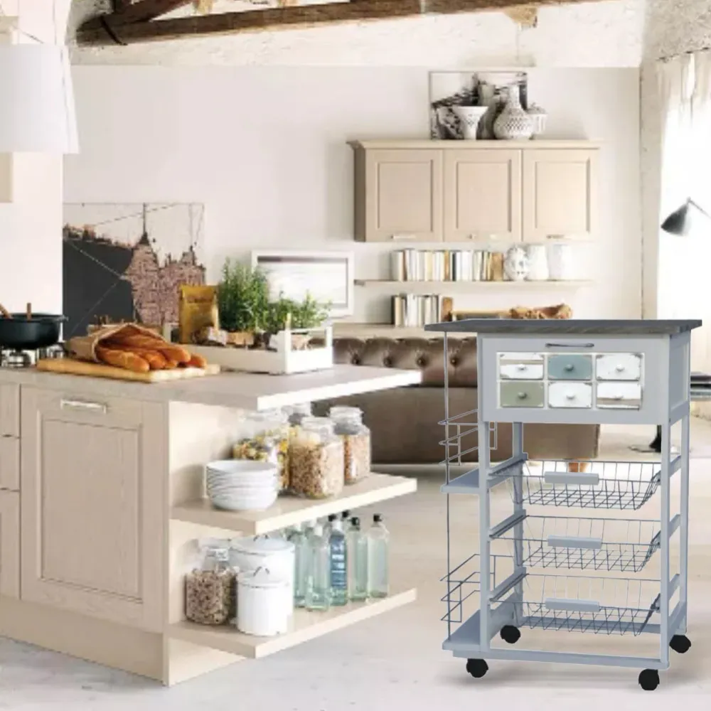 Carrello Cucina Porta Frutta Porta Bottiglie Portapane 3 cesti 57x37H83cm Legno