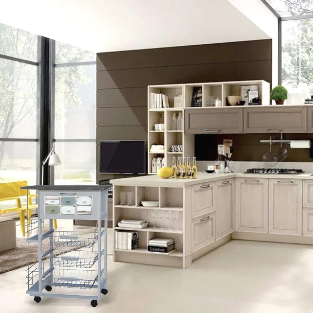 Carrello Cucina Porta Frutta Porta Bottiglie Portapane 3 cesti 57x37H83cm Legno