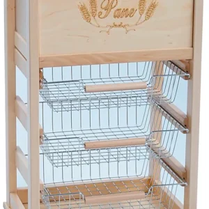 Carrello Cucina Portapane e Portafrutta Legno Massello Made Italy - Top Mattonelle e Cestelli Acciaio - 48x37x83 cm