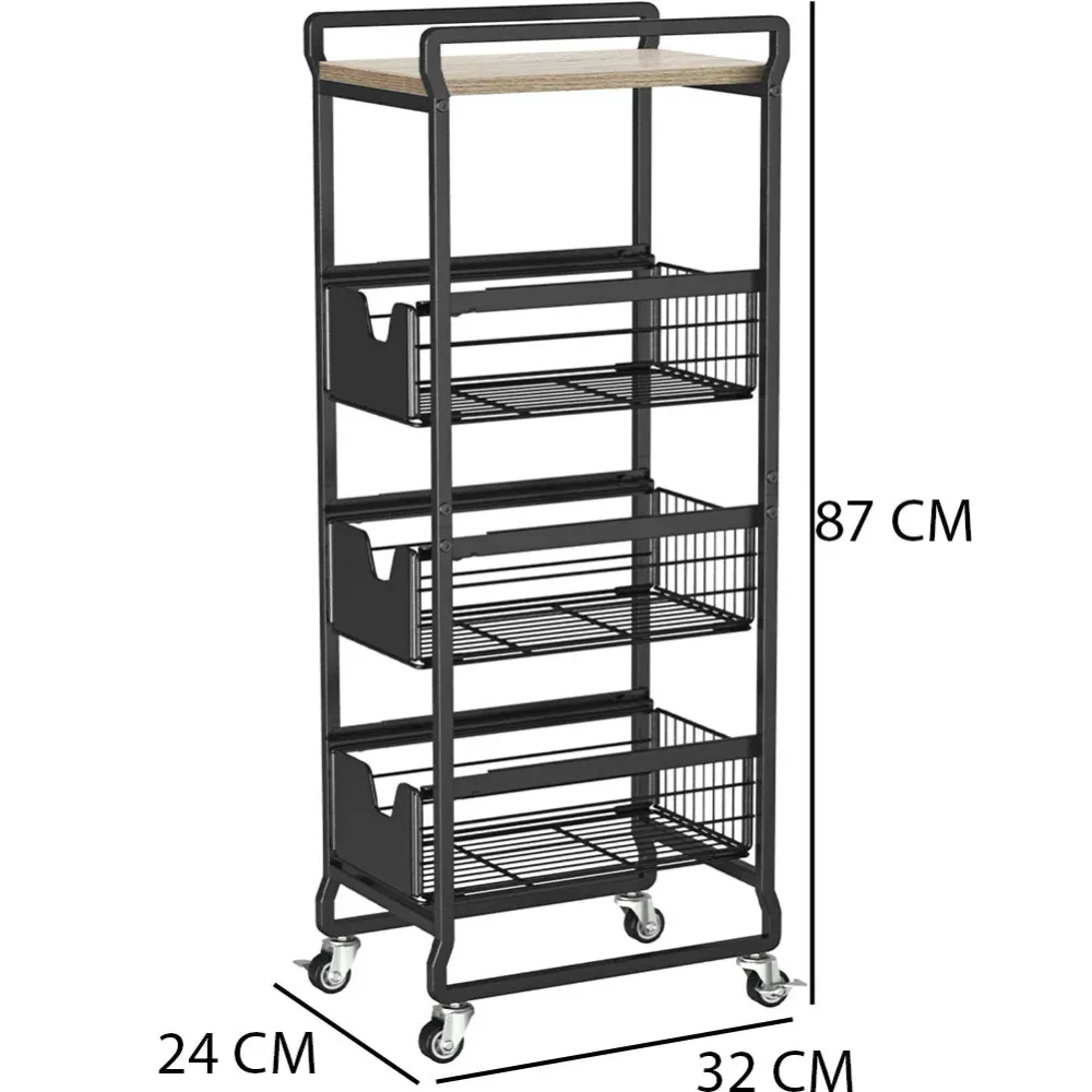 Carrello da Cucina 4 Ripiani con Ruote e 3 Cesti Portaoggetti 32x24x87cm Nero