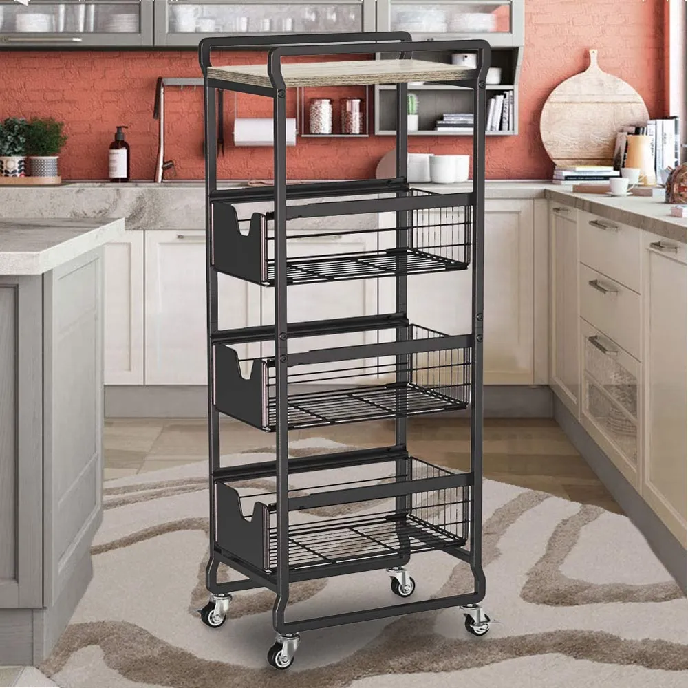 Carrello da Cucina 4 Ripiani con Ruote e 3 Cesti Portaoggetti 32x24x87cm Nero
