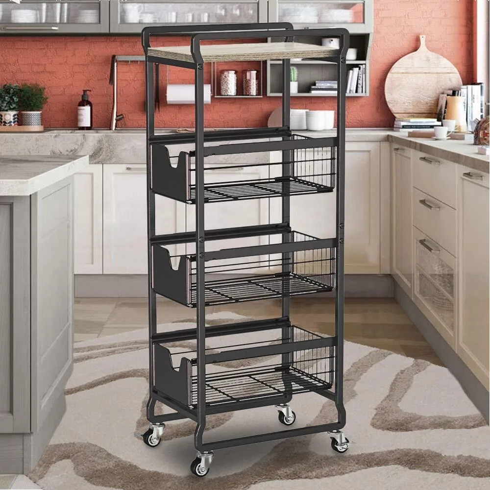 Carrello da Cucina 4 Ripiani con Ruote e 3 Cesti Portaoggetti 32x24x87cm Nero