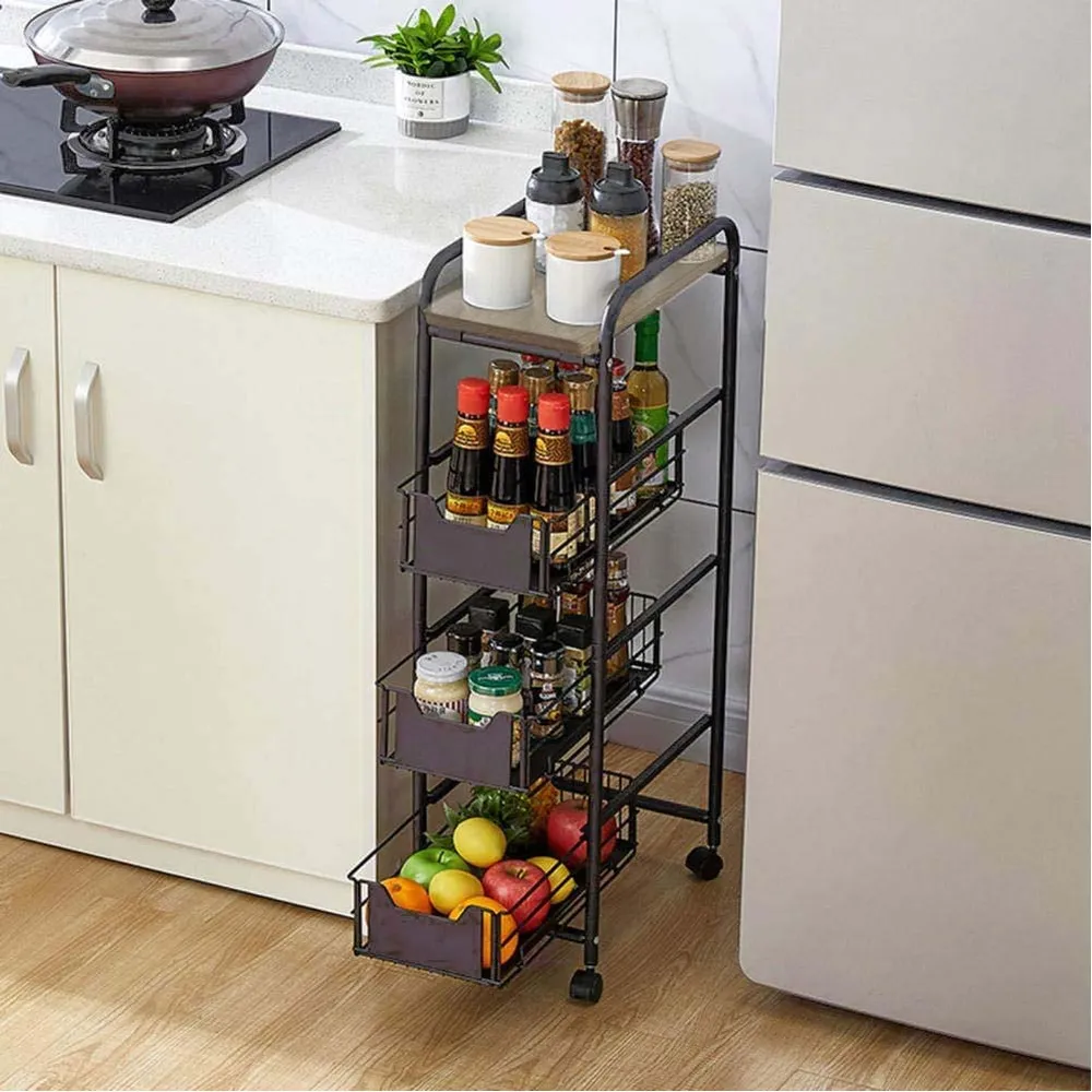 Carrello da Cucina 4 Ripiani con Ruote e 3 Cesti Portaoggetti 32x24x87cm Bronzo