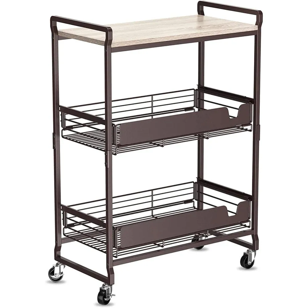 Carrello da Cucina 3 Ripiani con Ruote e 2 Cesti Portaoggetti 65x33x91cm Bronzo