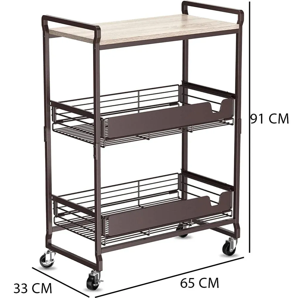 Carrello da Cucina 3 Ripiani con Ruote e 2 Cesti Portaoggetti 65x33x91cm Bronzo