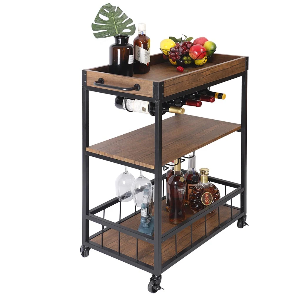Carrello Cucina 3 Ripiani Vassoio Estraibile Portabottiglie Design Industriale