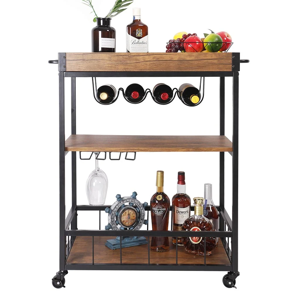 Carrello Cucina 3 Ripiani Vassoio Estraibile Portabottiglie Design Industriale