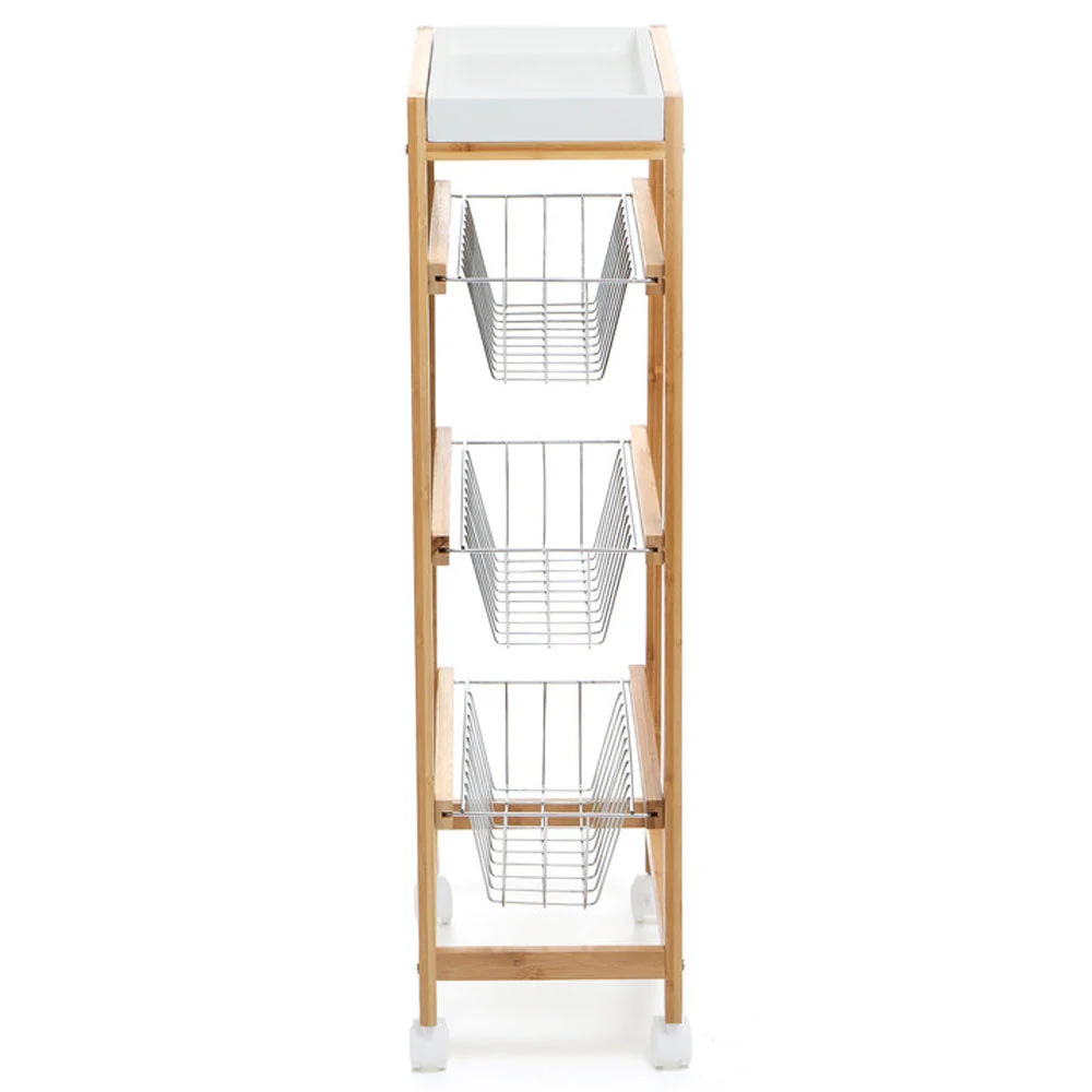 Carrello Cucina Slim Salvaspazio Legno Bambu 4 Ripiani Vassoio 3 Cestelli Ruote