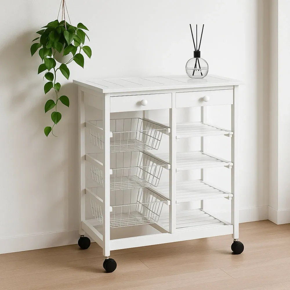 Carrello Legno Bianco Multiuso con 4 Ruote Piroettanti Carrellino Salvaspazio