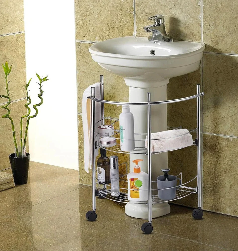Carrello metallo sottolavabo 2 ripiani con porta asciugamani