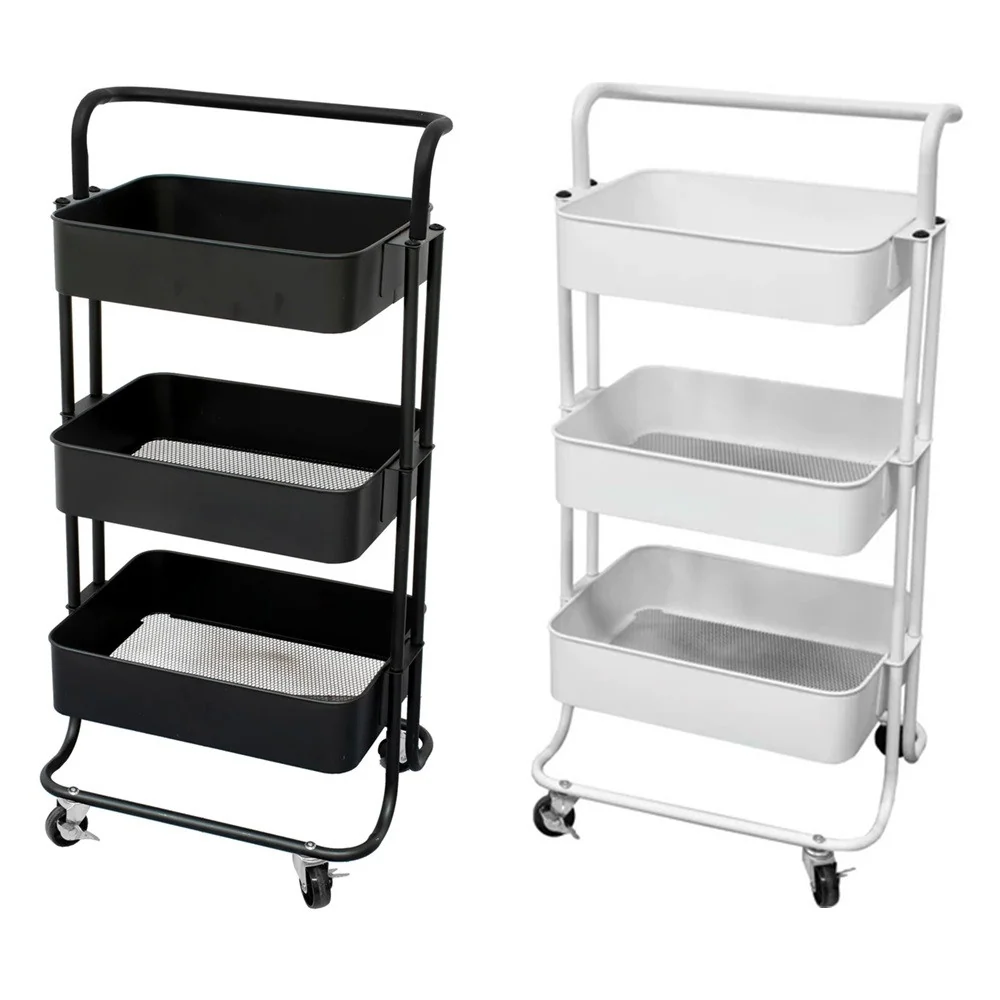 Carrello Multiuso Metallo 3 Ripiani 4 Ruote Piroettanti Con Bloccaggio Portaoggetti