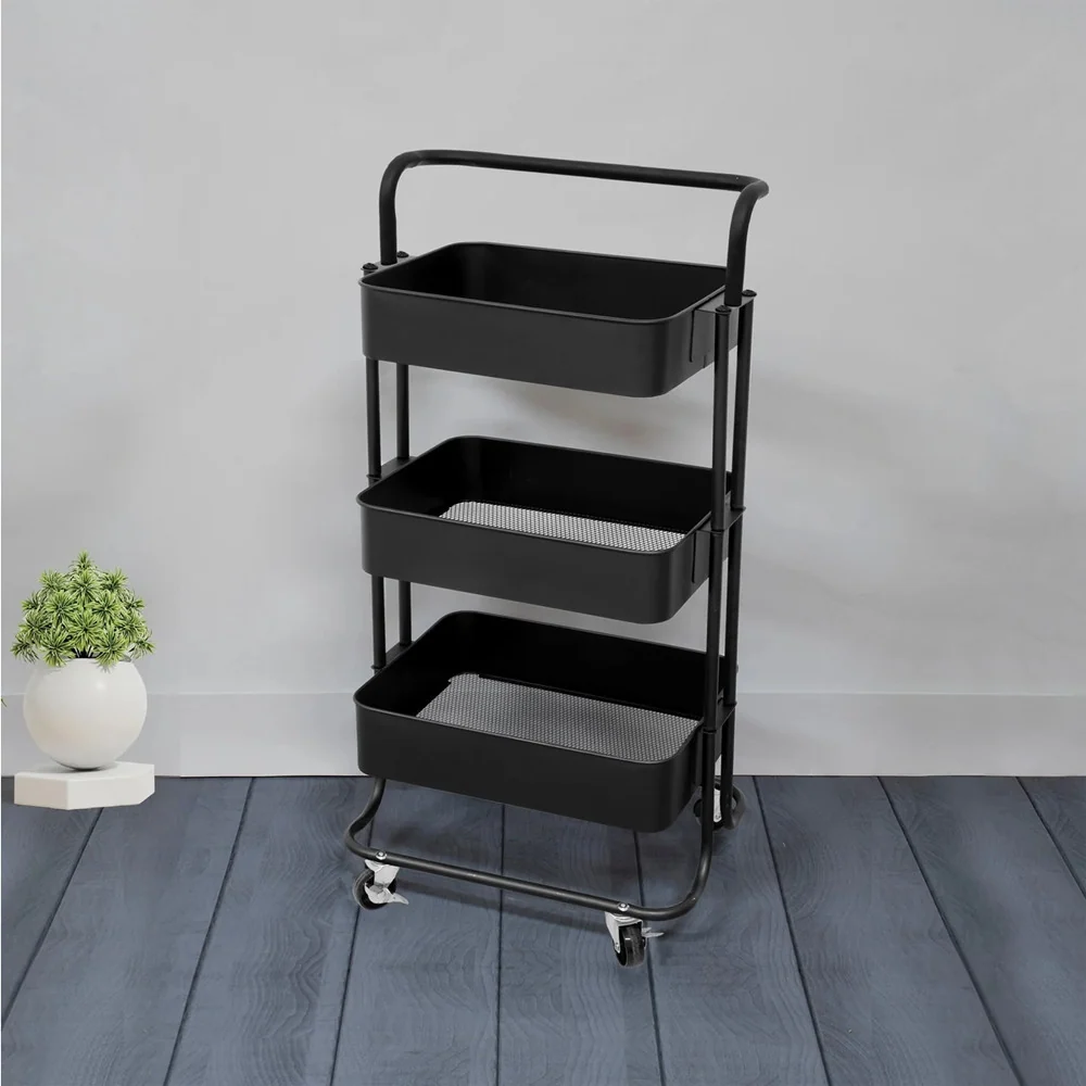 Carrello Multiuso Metallo 3 Ripiani 4 Ruote Piroettanti Con Bloccaggio Portaoggetti