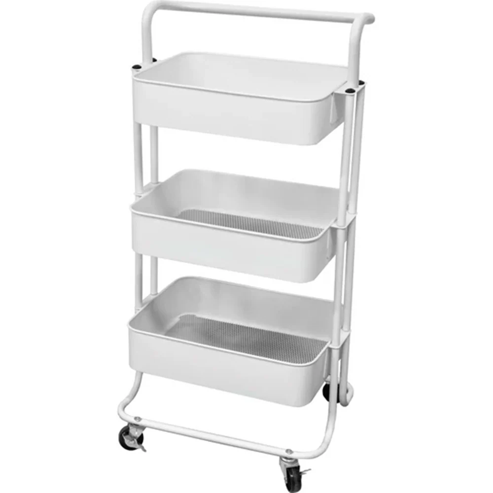 Carrello Multiuso Metallo 3 Ripiani 4 Ruote Piroettanti Con Bloccaggio Portaoggetti