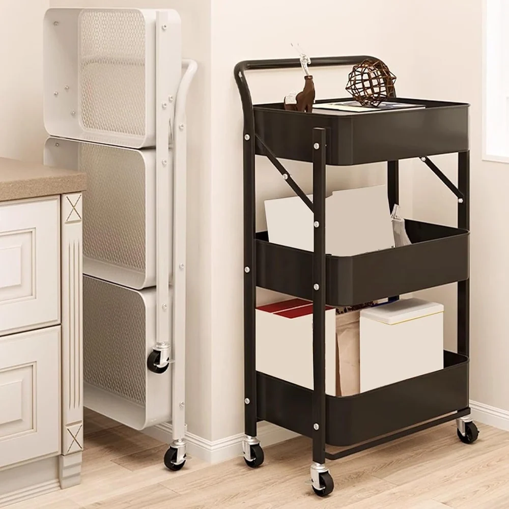 Carrello Pieghevole Da Viaggio Cucina Con Maniglia Acciaio Stoccaggio Mobile Con Ruote