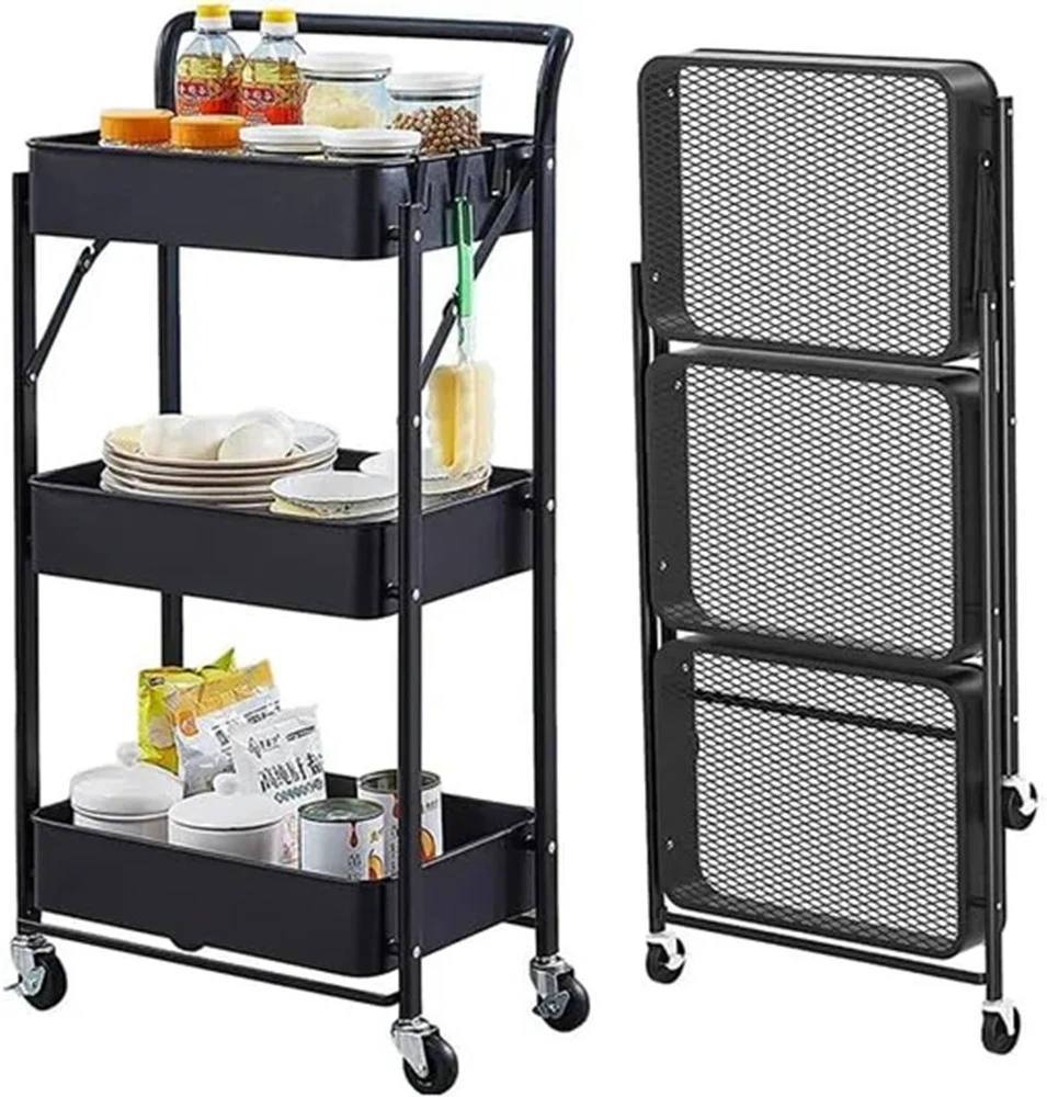 Carrello Pieghevole Da Viaggio Cucina Con Maniglia Acciaio Stoccaggio Mobile Con Ruote