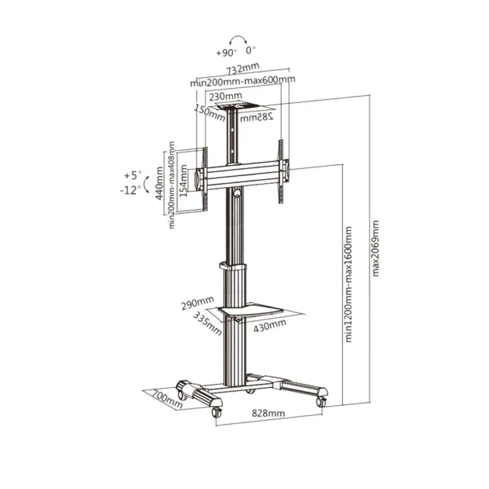Carrello Porta TV Con Ruote Telescopico da 37 - 70 Pollici, Mensola + Supporto Videoproiettore