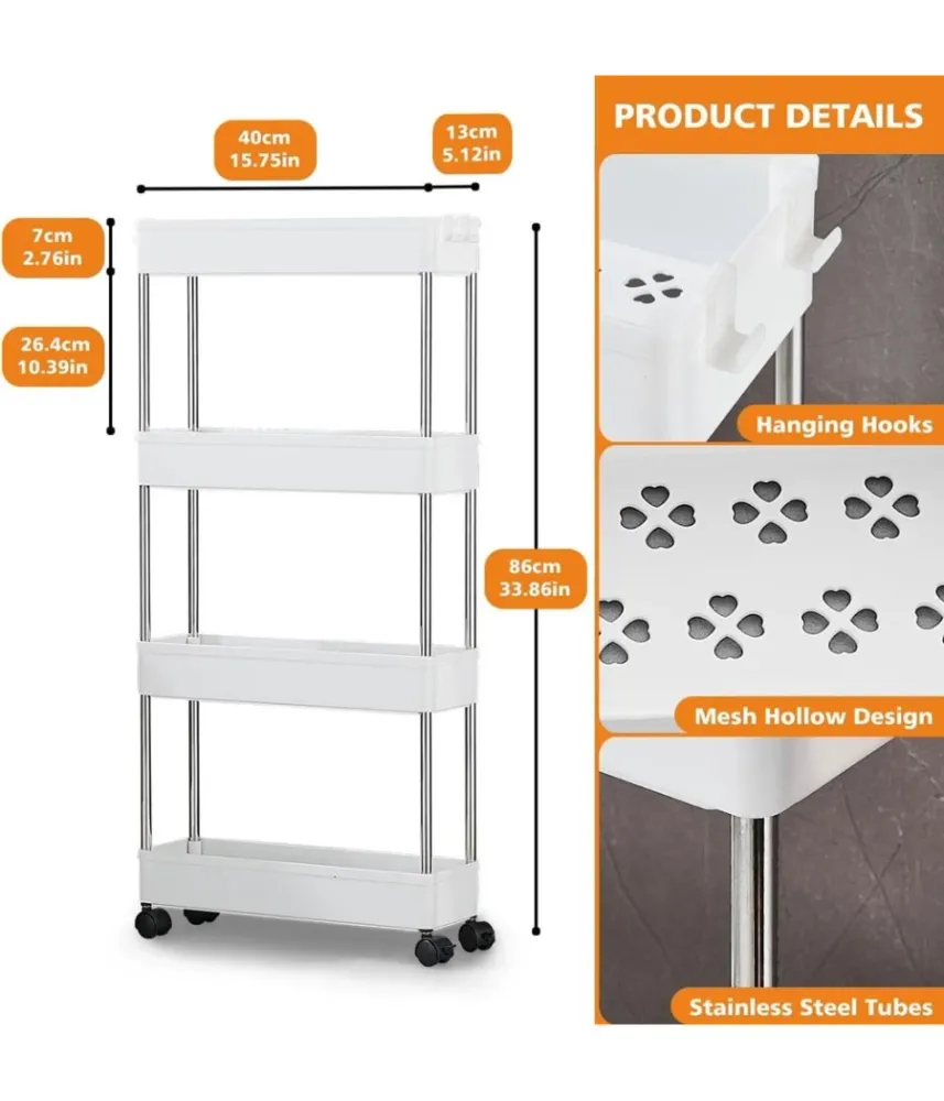 Carrello Portaoggetti 4 Livelli Salvaspazio 4 Ruote Scaffale Per Cucina Bagno