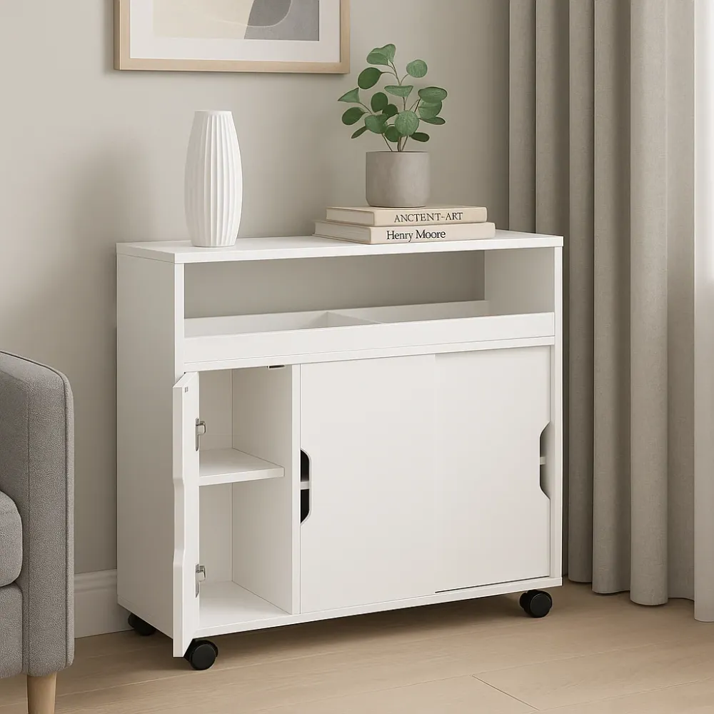 Carrello Portaoggetti Salvaspazio Legno Bianco con 3Ante e 4Ruote Slim