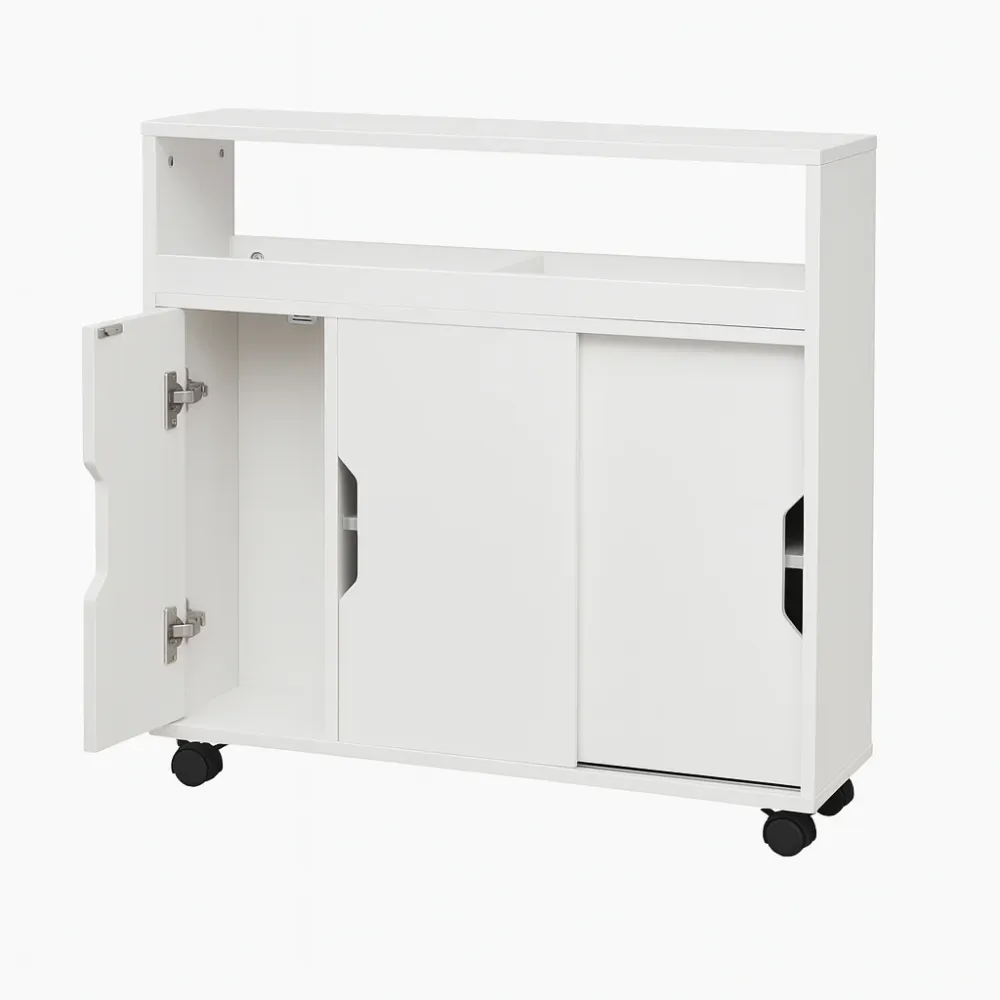 Carrello Portaoggetti Salvaspazio Legno Bianco con 3Ante e 4Ruote Slim