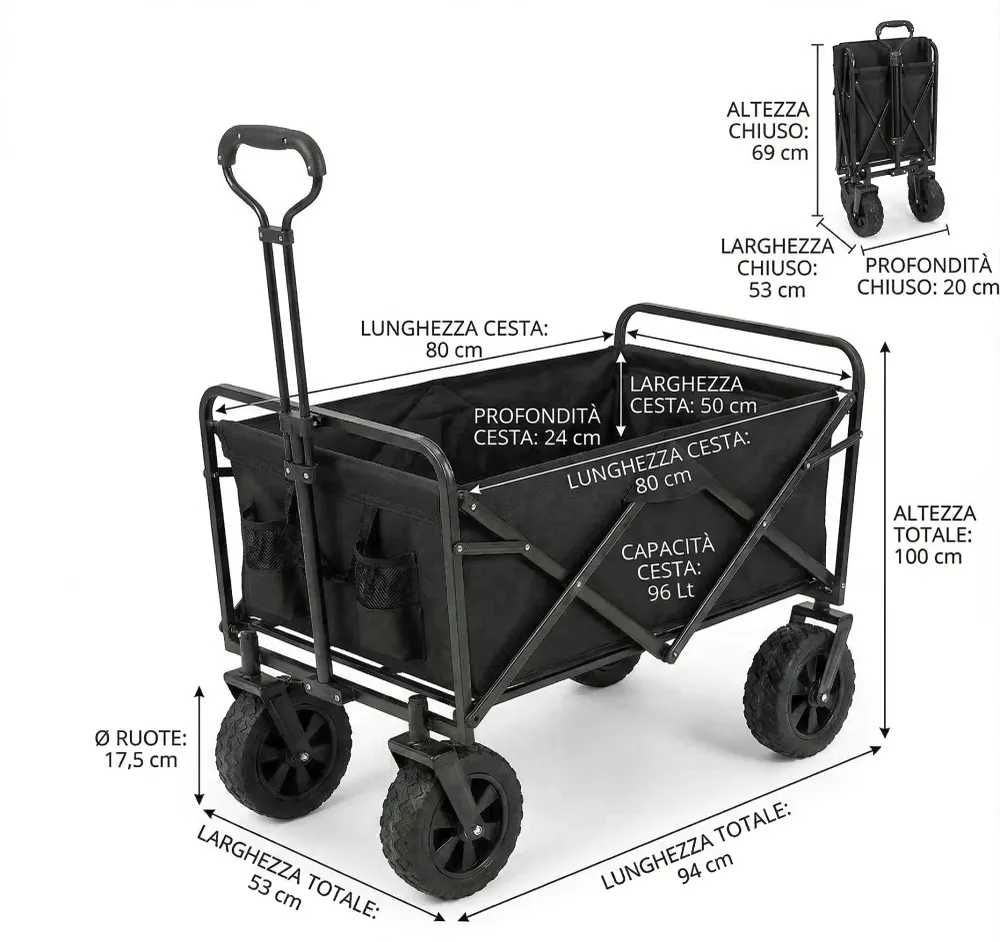 Carrello Portatutto Pieghevole – Portata 65kg, 96L – Nero